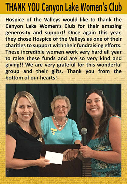 Thank You Canyon Lake Women's Club - Hospice of the Valleys