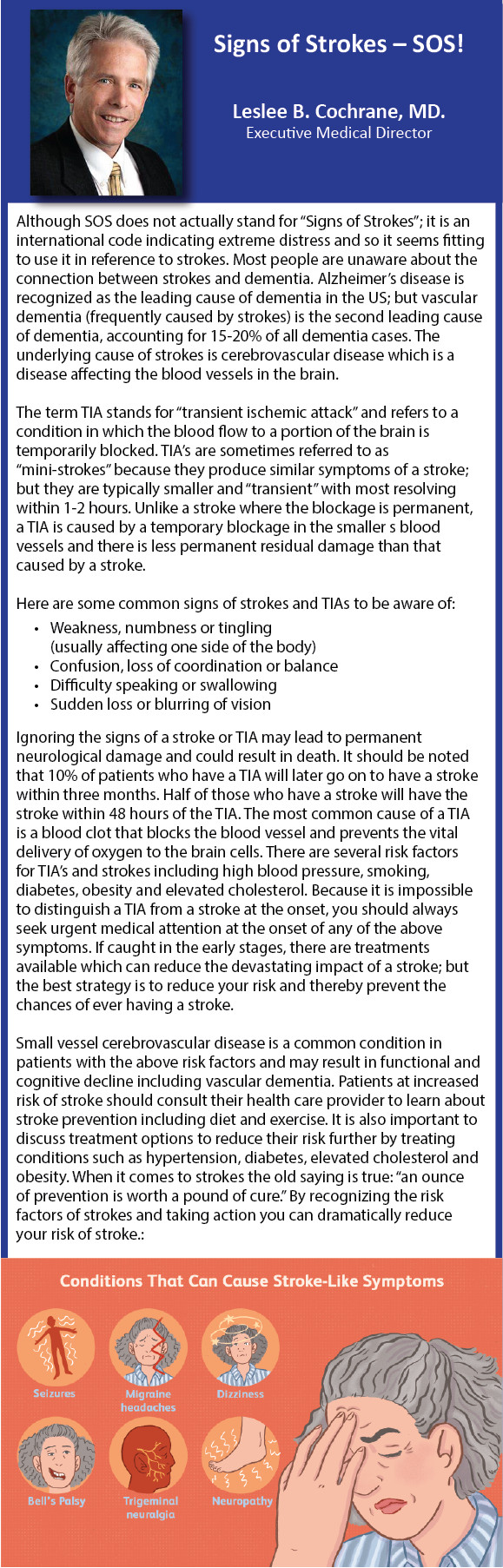 Signs of Strokes - SOS! Leslee B. Cochrane, MD. Executive Medical Director Although SOS does not actually stand for "Signs of Strokes"; it is an international code indicating extreme distress and so it seems fitting to use it in reference to strokes. Most people are unaware about the connection between strokes and dementia. Alzheimer's disease is recognized as the leading cause of dementia in the US; but vascular dementia (frequently caused by strokes) is the second leading cause of dementia, accounting for 15-20% of all dementia cases. The underlying cause of strokes is cerebrovascular disease which is a disease affecting the blood vessels in the brain. The term TIA stands for "transient ischemic attack" and refers to a condition in which the blood flow to a portion of the brain is temporarily blocked. TIA's are sometimes referred to as "mini-strokes" because they produce similar symptoms of a stroke; but they are typically smaller and "transient" with most resolving within 1-2 hours. Unlike a stroke where the blockage is permanent, a TIA is caused by a temporary blockage in the smaller s blood vessels and there is less permanent residual damage than that caused by a stroke. Here are some common signs of strokes and TIAS to be aware of: - Weakness, numbness or tingling (usually affecting one side of the body) - Confusion, loss of coordination or balance - Difficulty speaking or swallowing - Sudden loss or blurring of vision Ignoring the signs of a stroke or TIA may lead to permanent neurological damage and could result in death. It should be noted that 10% of patients who have a TIA will later go on to have a stroke within three months. Half of those who have a stroke will have the stroke within 48 hours of the TIA. The most common cause of a TIA is a blood clot that blocks the blood vessel and prevents the vital delivery of oxygen to the brain cells. There are several risk factors for TIA's and strokes including high blood pressure, smoking. diabetes, obesity and elevated cholesterol. Because it is impossible to distinguish a TIA from a stroke at the onset, you should always seek urgent medical attention at the onset of any of the above symptoms. If caught in the early stages, there are treatments available which can reduce the devastating impact of a stroke; but the best strategy is to reduce your risk and thereby prevent the chances of ever having a stroke. Small vessel cerebrovascular disease is a common condition in patients with the above risk factors and may result in functional and cognitive decline including vascular dementia. Patients at increased risk of stroke should consult their health care provider to learn about stroke prevention including diet and exercise. It is also important to discuss treatment options to reduce their risk further by treating conditions such as hypertension, diabetes, elevated cholesterol and obesity. When it comes to strokes the old saying is true: "an ounce of prevention is worth a pound of cure." By recognizing the risk factors of strokes and taking action you can dramatically reduce your risk of stroke.: Conditions That Can Cause Stroke-Like Symptoms Seizures Migraine headaches Dizziness Bell's Palsy Trigeminal neuralgia Neuropathy